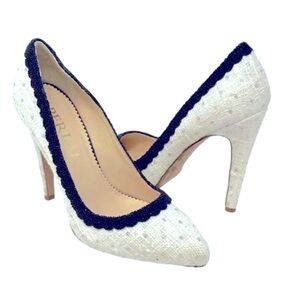 Aperlai Paris by Lanvin Italian Silk White Tweed Beaded Fringe Pump Heels Size 7
